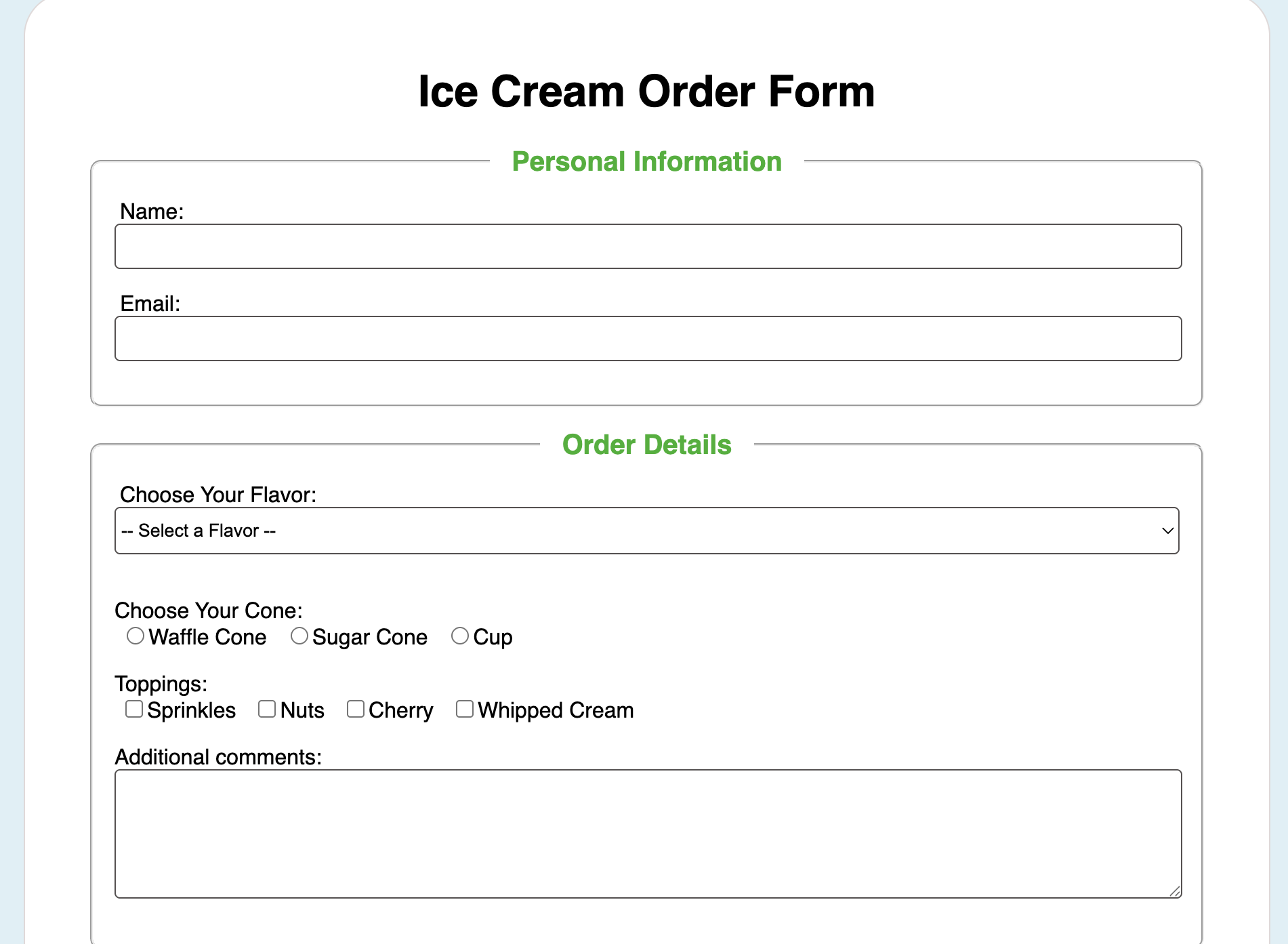 Screenshot of the Ice Cream Order App showing the order form interface