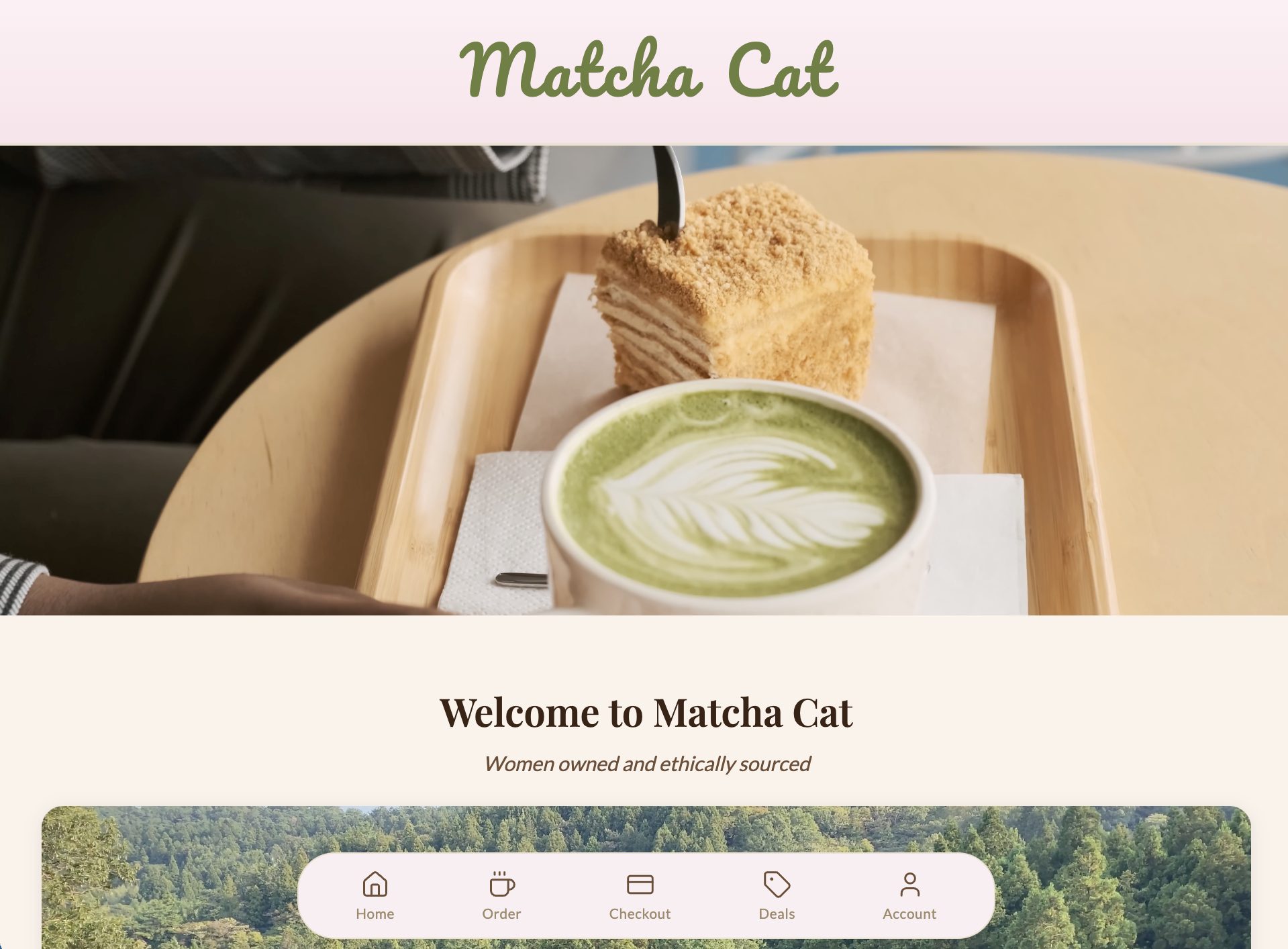 Screenshot of the Matcha Cat Café website homepage with branding and reservation features