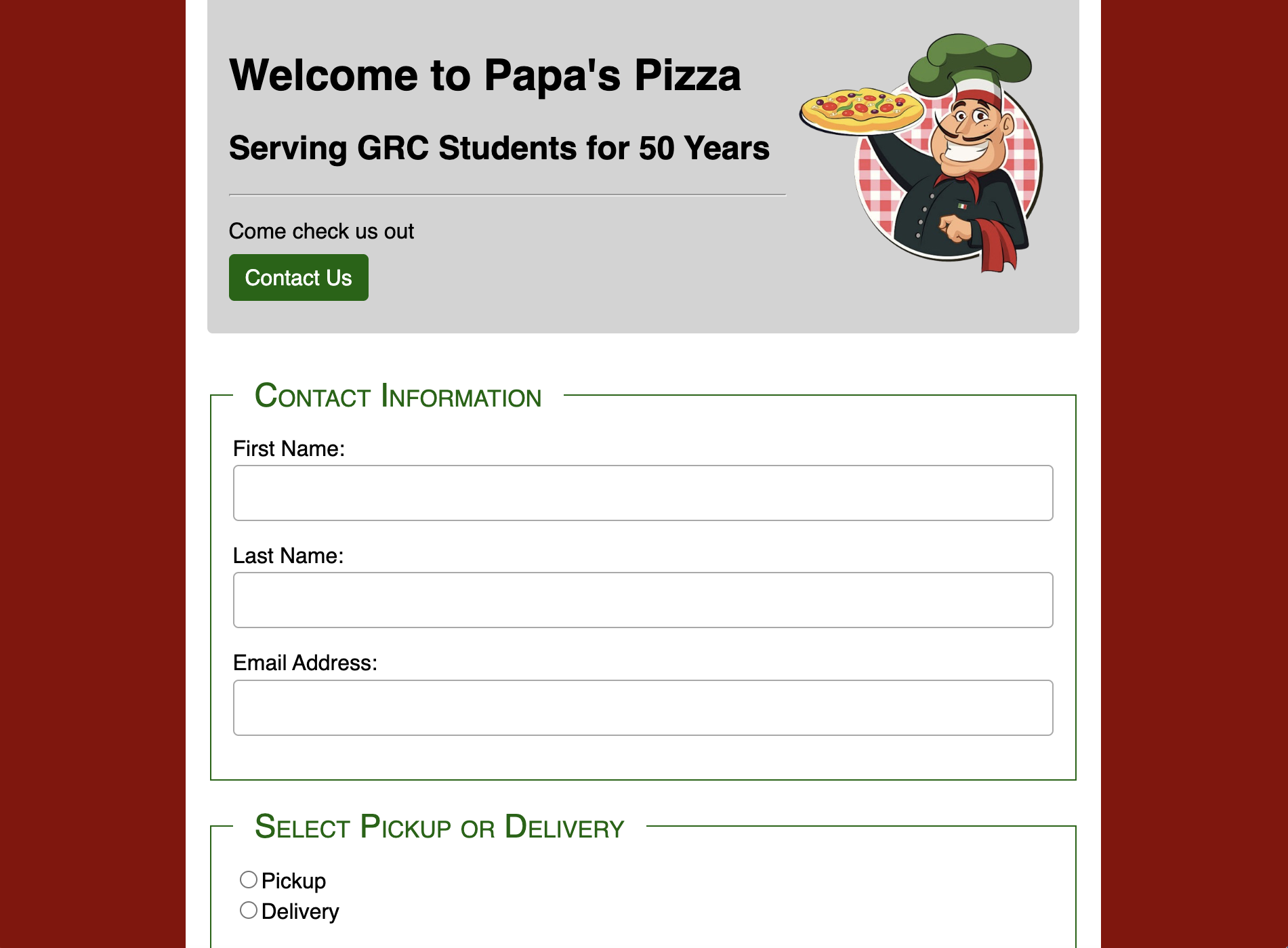 Screenshot of the Pizza App order form and user interface